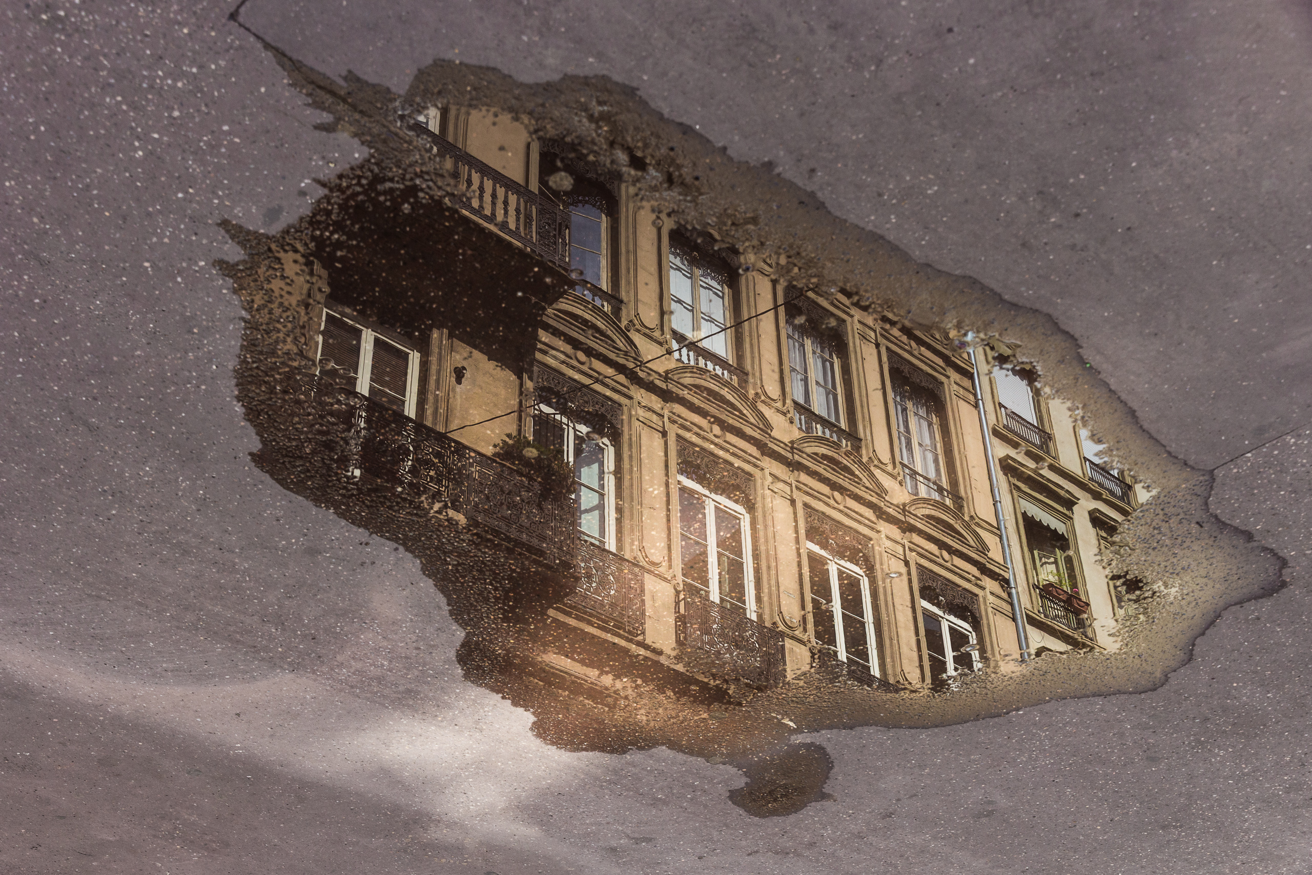 Spiegelung einer Lyoner Fassade in einer Pfütze